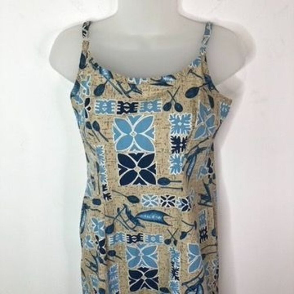 Hilo Hattie Blue and Tan Floral Print Maxi Dress
